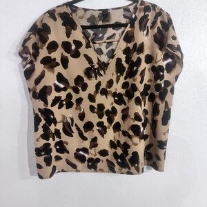 SHEIN Beige Leopard Print V-Neck Blouse with Black and Brown Spots